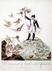 Cartoon about Napoleon I depicted on a hill covered with skeletons and holding a candle that burns the wings of characters represented as bats