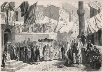 Catholic Procession in the streets of Constantinople on the occasion of the Fete Dieu - Engraving in 