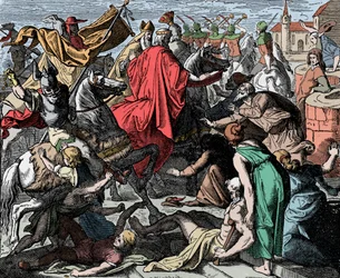 Conrad I the Younger proceeding to the coronation - Conrad I of Germania (died 918) was crowned King of West Francia in 911 - Woodcut by Carl Ferdinand Obermann (1823-1910)
