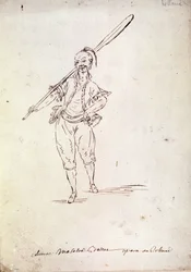 Costume for the character of Roland in the opera of the same name by composer Niccolo Vito Piccinni after a libretto by Jean Francois Marmontel (1778). Drawing of the end of the 18th century
