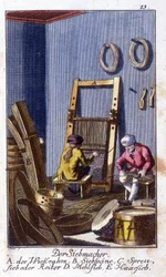 Craft craft: the screening and sieve in their workshop. In “Comprehensive description of arts and crafts and workshops for young people” by Johan Peter Vue. Ed. Nuremberg, Weigel and Schneider