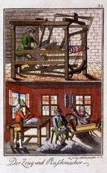 Craft craft: the weaver in his workshop. In “Comprehensive description of arts and crafts and workshops for young people” by Johan Peter Vue. Ed. Nuremberg, Weigel and Schneider