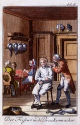 Crafts: hairdresser and wig in their workshop. In “Comprehensive description of arts and crafts and workshops for young people” by Johan Peter Vue. Ed. Nuremberg, Weigel and Schneider