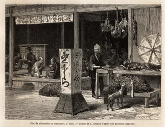 Customers eat sitting on the stage of a restaurant and the neighbour of a butcher present to passers-by, under a big bamboo mesh bell a boar, hanging, its finest pieces of game, such as the squirrel, the hare or the monkey, whose climbing faces become the