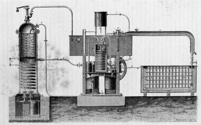 Cutting of the industrial equipment for the manufacture of ice of Ferdinand Carré. Engraving of the 19th century
