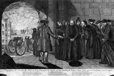Deportation of the Jesuits on 21/07/1773: Expulsion of Jesuits from the States of the King of Spain, Naples and the Duchy of Parma, their Orders banned in France and Portugal. Engraving from the beginning of the 19th century