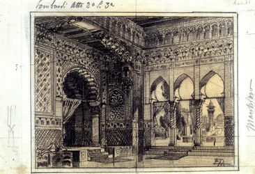 Drawing for the decor of scene 3 of Act II of the opera 