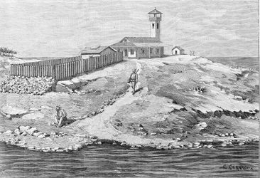 Dreyfus case: Captain Alfred Dreyfus (1859 - 1935) deported to Devil Island (1895 - 1899) in Guyana. Engraving.