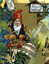 Dwarf or farfadet with lantern. 19th century chromolithography.