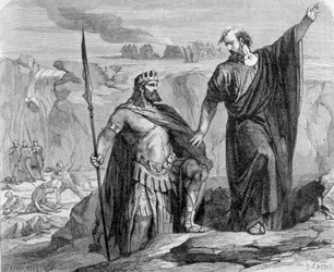 Elijah warned Ahab that the rain is imminent. In the background we see the worship of Baal.