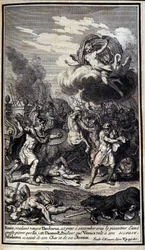 Enee, wanting to avenge Pandaros, is ready to succumb under the gravity of a big stone that Diomede throws. While Venus flies to his rescue, Sthelenos grabbed his chariot and horses. Illustration of book V of the Iliad of Homer, French edition