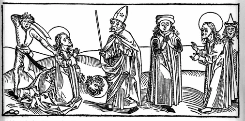 Episode of the life of Saint James the Major: the saint is beheaded under the eye of Herod of Agrippa, king of Judea. Engraving from 