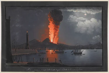 Eruption of Mount Vesuvius. Nocturnal scene, with a group of figures contemplating the eruption of Mount Vesuvius from the opposite side of the Bay of Naples, lighthouse at left, ships sailing at right and city and volcano in the background
