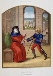 Esau with his hunting weapons and his father Isaac