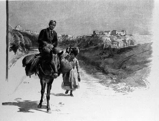 Family traveling on the road to Calatafimi, Sicily engraving of the 19th century