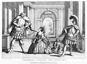 Farinelli (Carlo Broschi, 1705 - 1782) with the soprano Cuzzoni and the castrate Francesco Bernardo Senesino (1680 - 1750) in the opera by George Frederick Handel