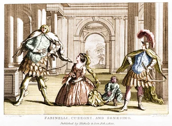 Farinelli with the soprano Cuzzoni and the castrate Francesco Bernardo Senesino in the opera by George Frederick Handel
