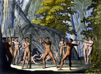 Fight between botocudos, Indians of Brazil - in 