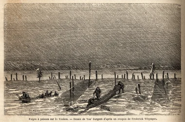 Fish traps, placed on the banks of the Yukon River (extreme northern Canada). Engraving to illustrate the voyage and adventures in English Colombia, Vancouver Island and Alaska, by Frederick Whymper