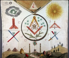 Masonic emblems on an apron of a mason of the order of the French rite dating from the 18th or 19th century. Archivio di Stato of Milan