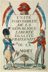 French Revolution: „Unity, indivisibility of the Republic. Liberty, Equality, Fraternity or Death“. Propaganda poster with sans-culottes and cockade. Print of 1794, Paris, Musée Carnavalet