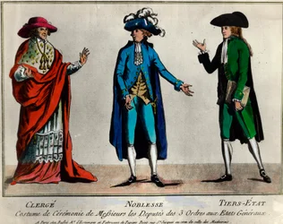 French Revolution: representation of the deputies of the three orders in the States General in ceremonial costume: the clergy, the nobility and the third state. Print from the end of the 18th century. Private collection