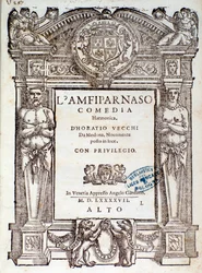 Frontispiece from Amfiparnaso madrigal comedy by Orazio Vecchi