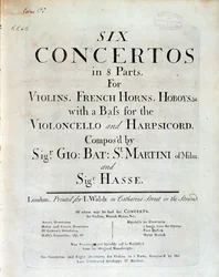 Frontispiece of musical score of Six concertos in 8 parts by G B Sammartini and J A Hasse