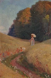 Historic Greeting Card: Mother and Daughter Walking in a Flower Meadow