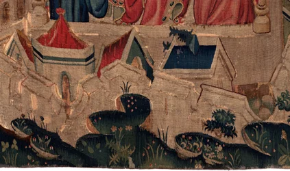 History of Saint Piat and Saint Eleuthère, Scene 9 Saint-Éleuthère is Confirmed as the Bishop of Tournai (Detail) The City Fortification Walls, Houses