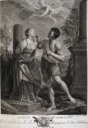 Holy Appoline during the persecutions gets her teeth broken because she refused to pay tribute to the Roman gods. Engraving of the 17th century