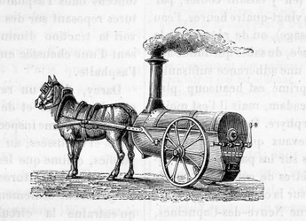 Horse Pulling a Steam Machine - in The Wonders of Industry by Figuier