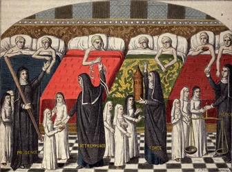 Hospital room at the Hotel Dieu in Paris. Good sisters are designed by the name of virtues: prudence, temperance, strength and justice. Engraving after a 15th century miniature.