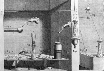 Illustration of experiments by Luigi Galvani, Italian physicist and physician (1737 - 1798) explaining the passage of electric current moving the legs of a frog.