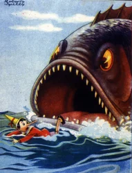 Illustration of the tale Pinocchio by Carlo Collodi. A huge fish is about to eat Pinocchio.