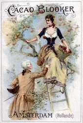 Advertisement for Blooker cocoa representing a young man in 18th century fashion helping a young woman down a ladder.