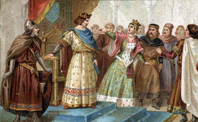 In 1274 Queen Mary of Brabant was falsely accused by the great chamberlain Pierre de la Broce of the death of the young prince Louis of France, the grandson of Philip III and Isabella of Aragon. Chromolithography of the late 19th century.