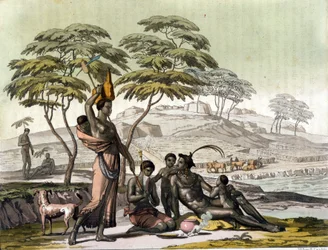Indian from Botswana (Bechuanaland). Engraving in The old and modern costume by Jules Ferrario