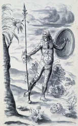 Indian in War Paintings Having Cut Off the Heads of His Enemies - in 