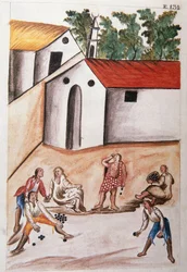 Indians playing the game of the choloques, from the book "Trujillo del Peru" or "Codex Martínez Compañón", by Baltazar Martinez Compañón y Bujanda, bishop of Trujillo (1782-1785)