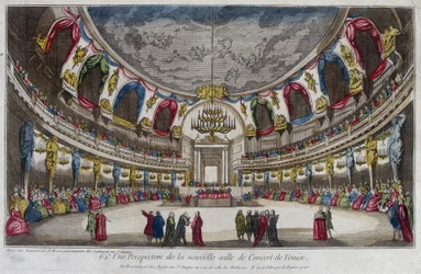 Interior of a concert hall in Venice. 18th century engraving