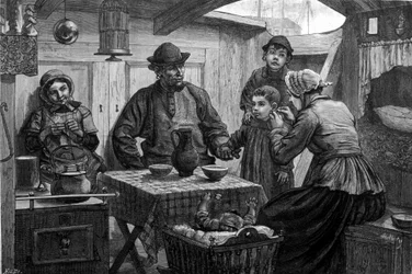 Interior of a river boat on the Lys. 19th century illustration.