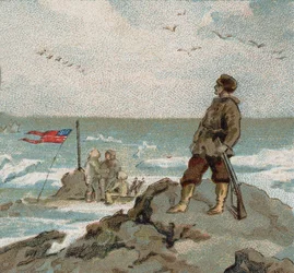 Isaac Israel Hayes Bearing the American Flag on the Shores of the Polar Sea. Chromo of the Late 19th Century