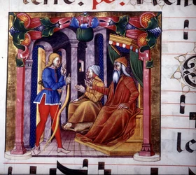 Isaac invites Esau to hunt. 15th century manuscript. 15th century antiphonary. Library of Lodi