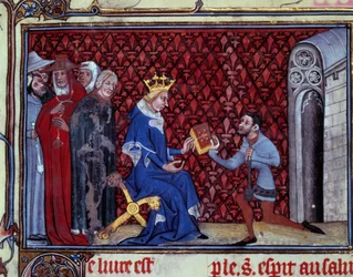 Jacques Bauchant presents his book to King Charles V
