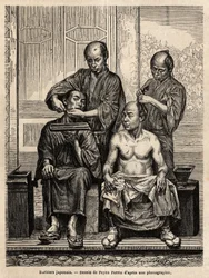 Japanese Barbers in Their Shop. Engraving to Illustrate the Voyage to Japan, in 1863-1864, by Aime Humbert, Minister of the Swiss Confederation, in Le Tour du Monde, Nouveau Journal des Voyages