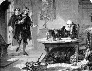 John Milton, English poet and essayist (1608 - 1674) visited Galileo Galilei (Galileo) (1564 - 1642) in his cell of the Florence Inquisition. Engraving. 1860 approx.