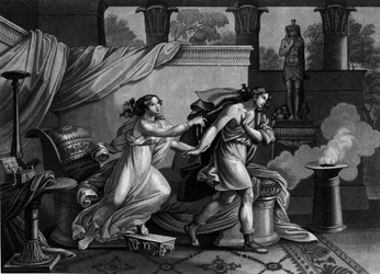 Joseph fleeing the wife of Potiphar seeking to seduce him. 19th century Lithography