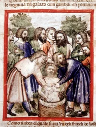 Joseph Sold by His Brothers and Thrown into the Well. Miniature from Codex 212 (or Padovano Codice or Bible of Padua) 1390-1400, Rovigo, Accademia dei Concordi