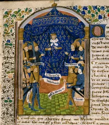 King of France Charles VII and his court. On the right: Jean d